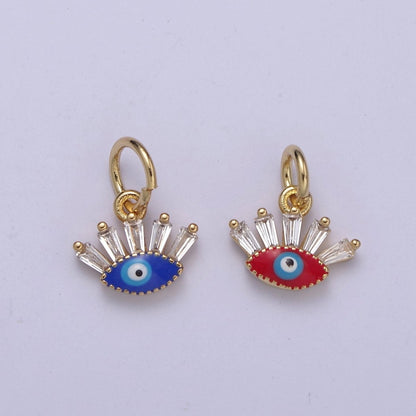Mini Evil Eye Charm with Baguette CZ 24k Gold Filled eye Charm, Zircon Tiny Amulet Charm, Religious Bracelet Necklace Earring add on Charm Blue Red Enamel C-445