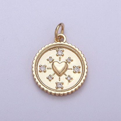 Mini Gold Coin Charm Necklace With Heart Medallion, Add on Love Heart Pendant N-297