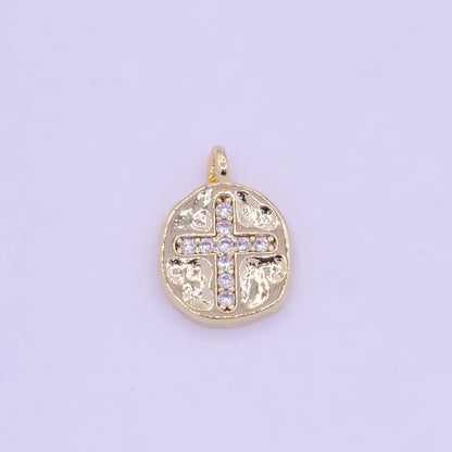 Mini Gold Coin Charm with Micro Pave Cross for Necklace Bracelet Supply AG-078