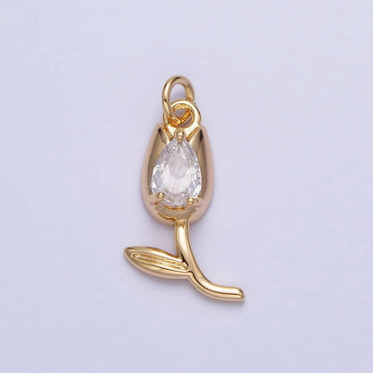 Mini Gold Tulip Charm CZ Silver Tulips Flower Buds Pendant AC777 AC778