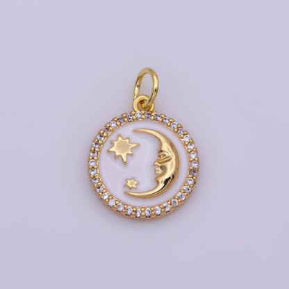 Mini White Blue Celestial Charm Enamel Moon and Star Charms with Micro Pave Coin Base Moon Charms Jewelry Supplies N-204 N-205