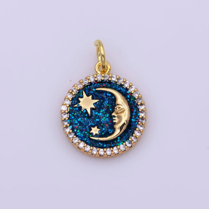 Mini White Blue Celestial Charm Enamel Moon and Star Charms with Micro Pave Coin Base Moon Charms Jewelry Supplies N-204 N-205