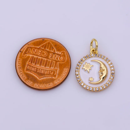Mini White Blue Celestial Charm Enamel Moon and Star Charms with Micro Pave Coin Base Moon Charms Jewelry Supplies N-204 N-205