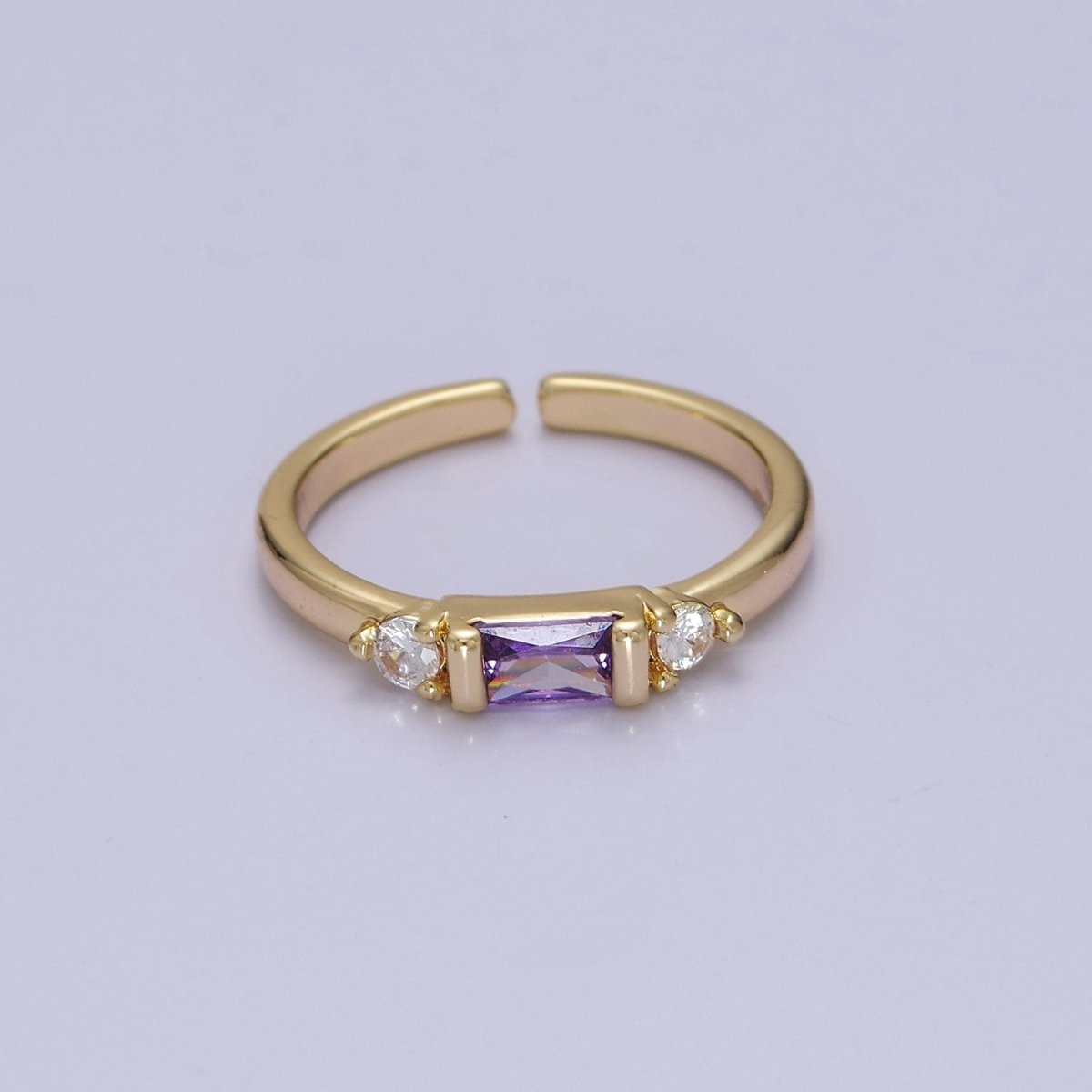Minimalist Baguette Ring with Pink Purple Blue Clear Green Cz Stone Gold Band Adjustable ring O-2065 ~ O-2070