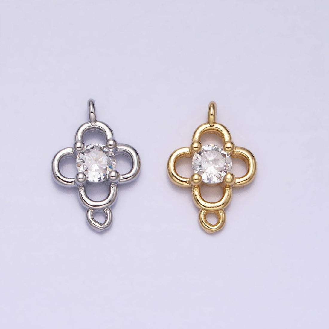 Minimalist Clear CZ Round Clover Quatrefoil Connector in Gold &amp; Silver | Y-850