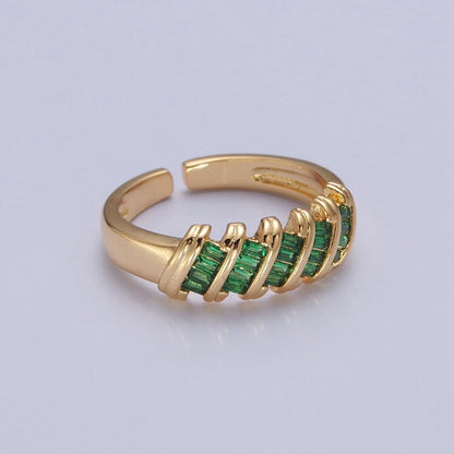Minimalist Clear Green Baguette Cubic Zirconia Adjustable Gold Ring | U-195 U-202