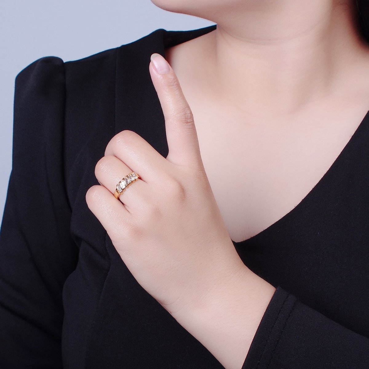 Minimalist Clear Green Baguette Cubic Zirconia Adjustable Gold Ring | U-195 U-202