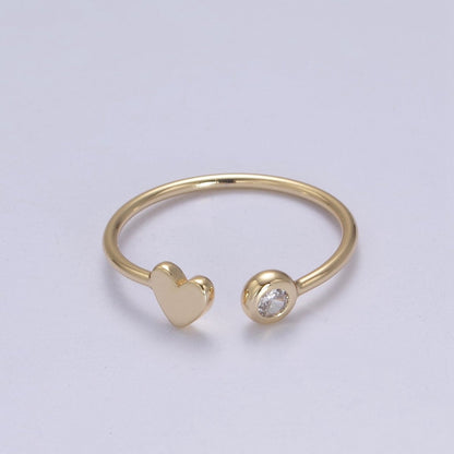 Minimalist Crystal Zirconia CZ, 16K Gold Filled Geometric Heart Open Adjustable Ring U-346