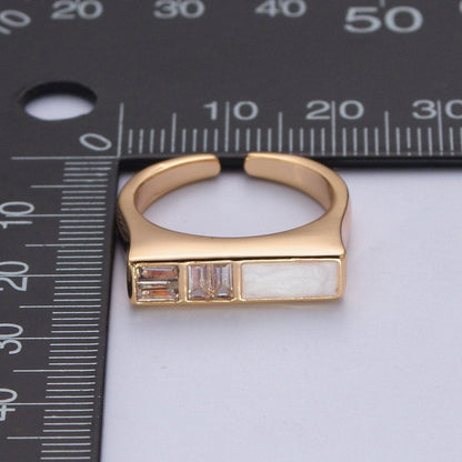 Minimalist Gold Baguette Cubic Zirconia Baguette &amp; Enamel Flat Bar Adjustable Ring  O-350
