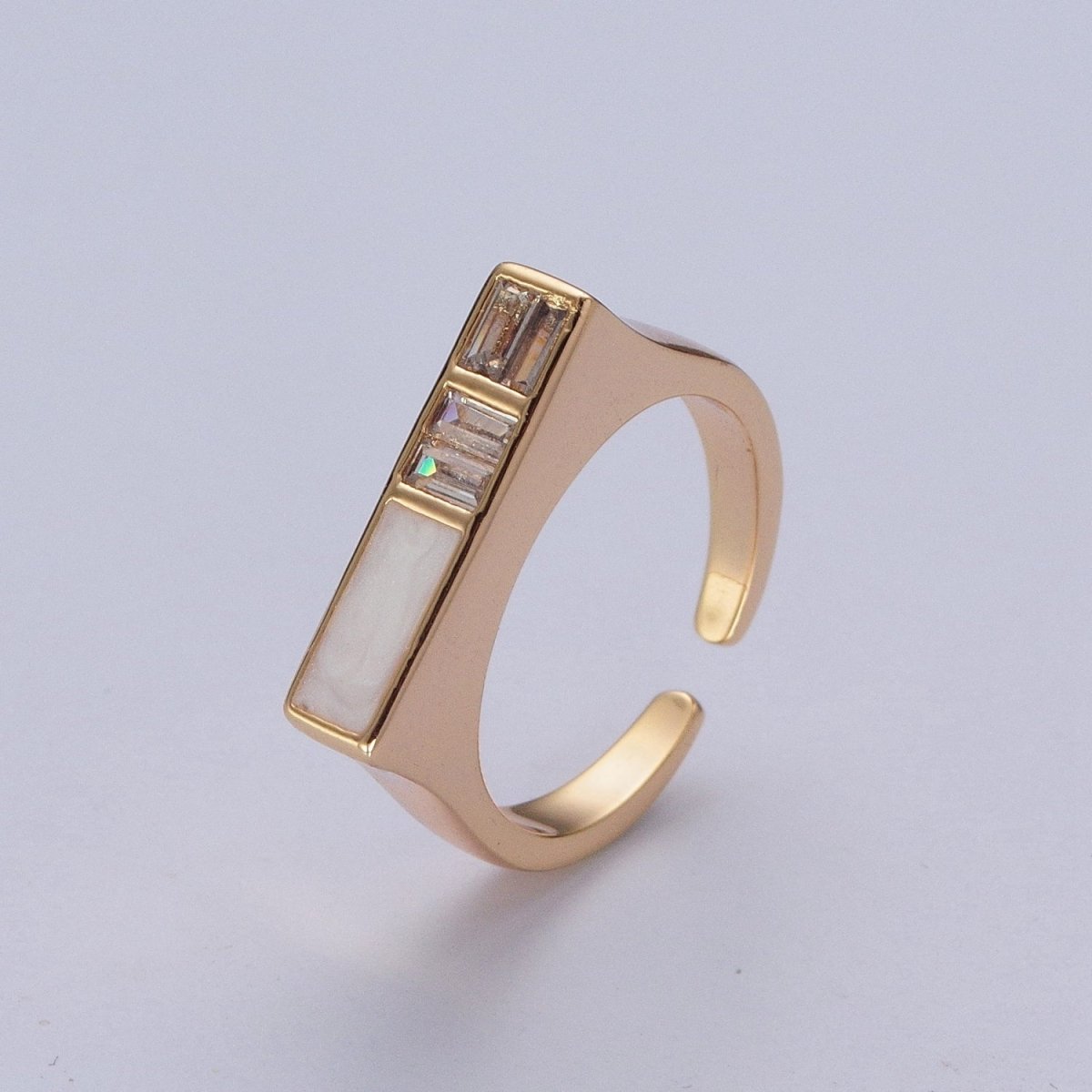 Minimalist Gold Baguette Cubic Zirconia Baguette &amp; Enamel Flat Bar Adjustable Ring  O-350
