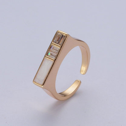 Minimalist Gold Baguette Cubic Zirconia Baguette &amp; Enamel Flat Bar Adjustable Ring  O-350