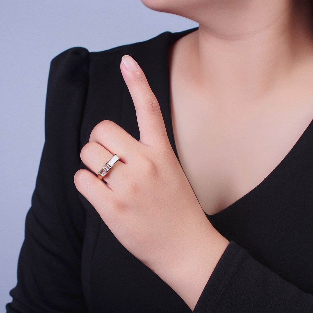 Minimalist Gold Baguette Cubic Zirconia Baguette &amp; Enamel Flat Bar Adjustable Ring  O-350