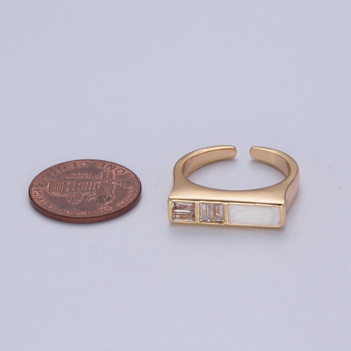 Minimalist Gold Baguette Cubic Zirconia Baguette &amp; Enamel Flat Bar Adjustable Ring  O-350
