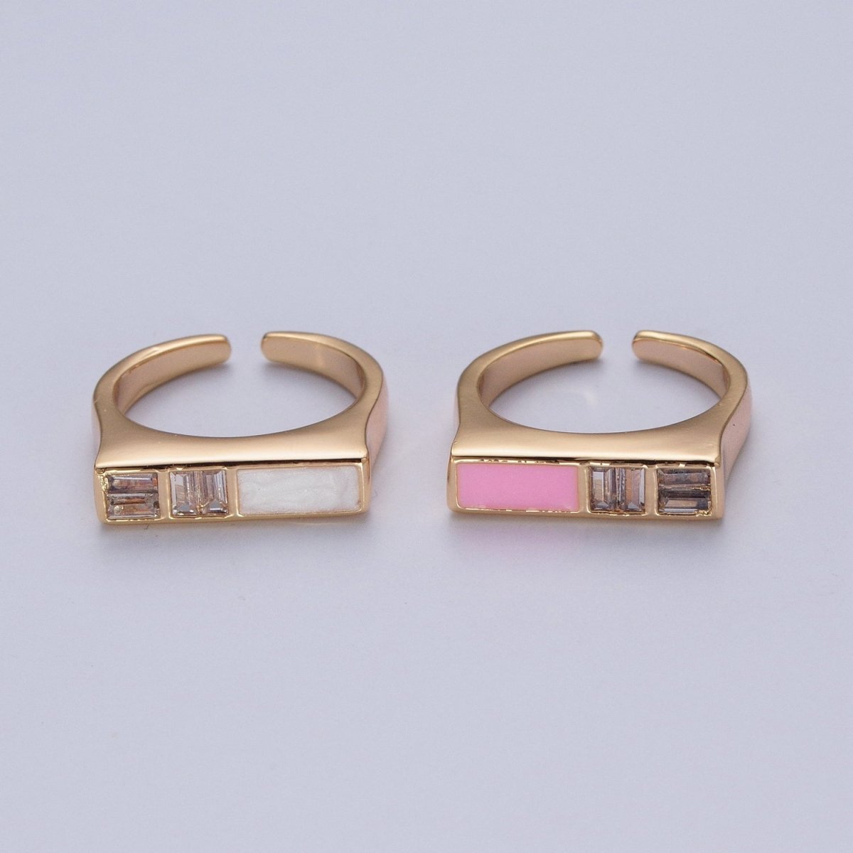 Minimalist Gold Baguette Cubic Zirconia Baguette &amp; Enamel Flat Bar Adjustable Ring  O-350