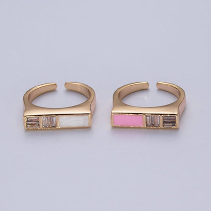 Minimalist Gold Baguette Cubic Zirconia Baguette &amp; Enamel Flat Bar Adjustable Ring  O-350
