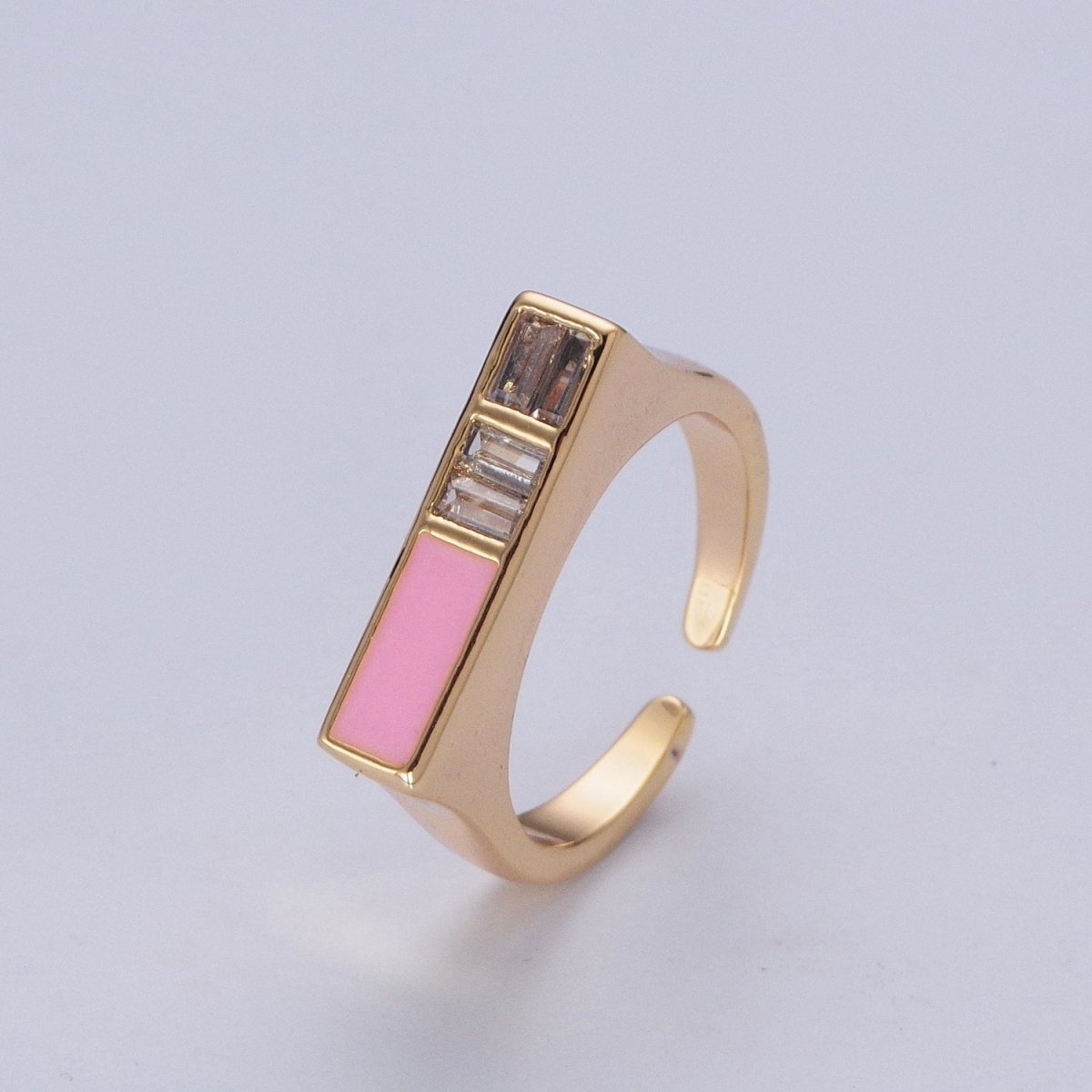Minimalist Gold Baguette Cubic Zirconia Baguette &amp; Enamel Flat Bar Adjustable Ring  O-350