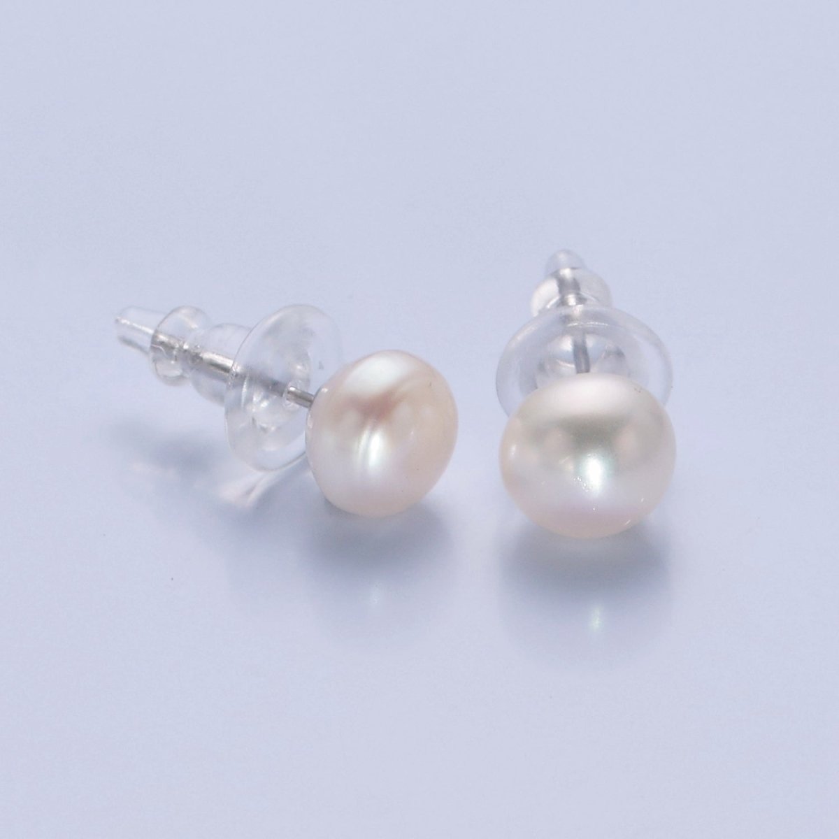 8mm Freshwater Pearl Button Gemstone Stud Earrings in Gold &amp; Silver