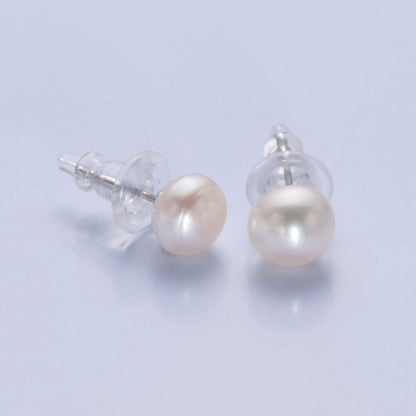8mm Freshwater Pearl Button Gemstone Stud Earrings in Gold &amp; Silver
