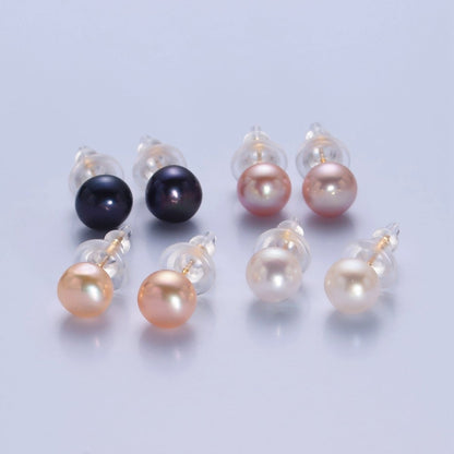 8mm Freshwater Pearl Button Gemstone Stud Earrings in Gold &amp; Silver