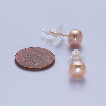 8mm Freshwater Pearl Button Gemstone Stud Earrings in Gold &amp; Silver