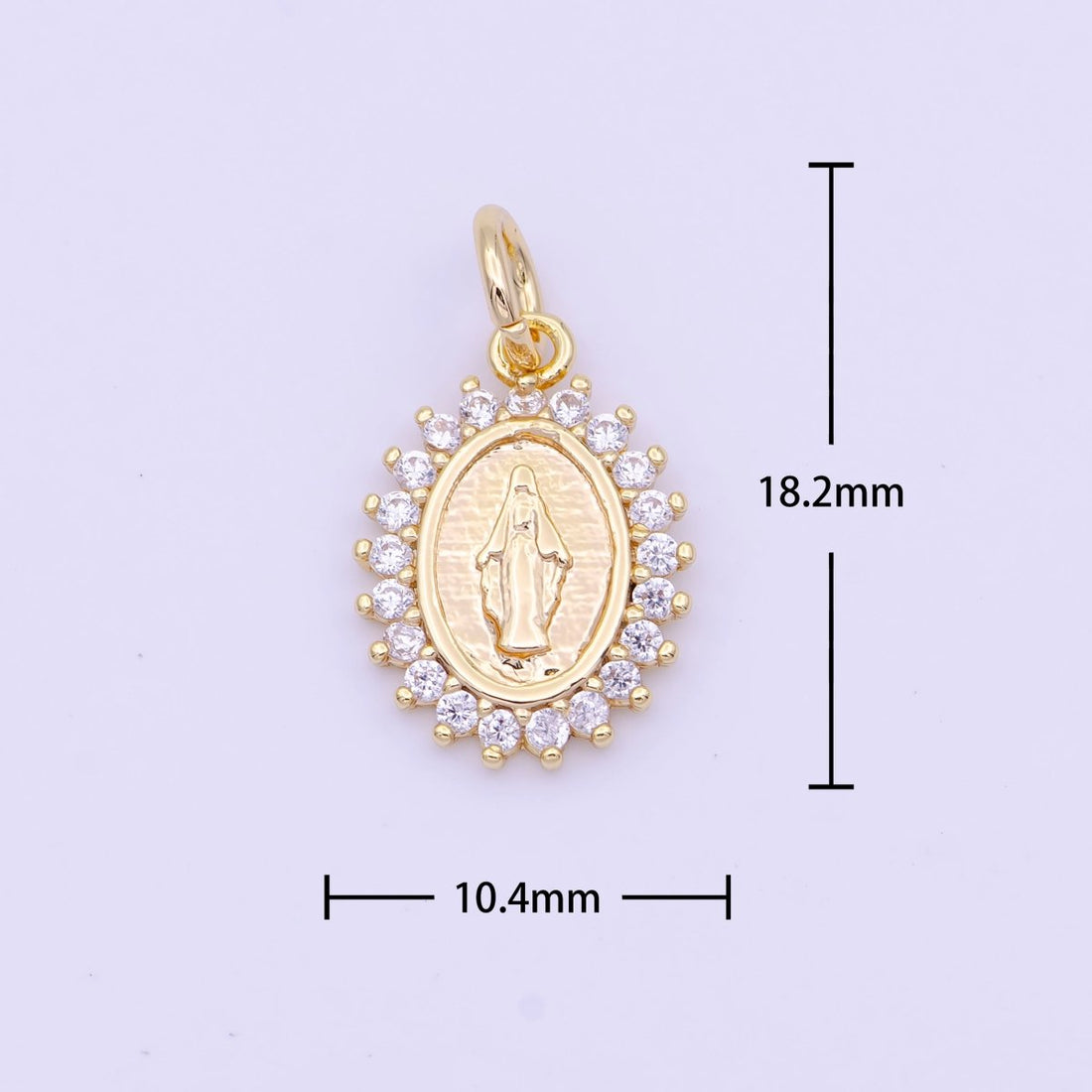 Minimalist Micro Paved CZ Miraculous Lady Religious Gold Oval Charm | D-570