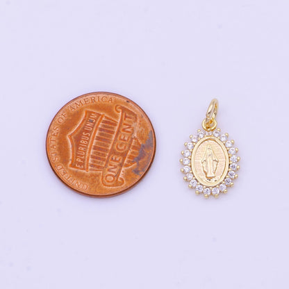 Minimalist Micro Paved CZ Miraculous Lady Religious Gold Oval Charm | D-570
