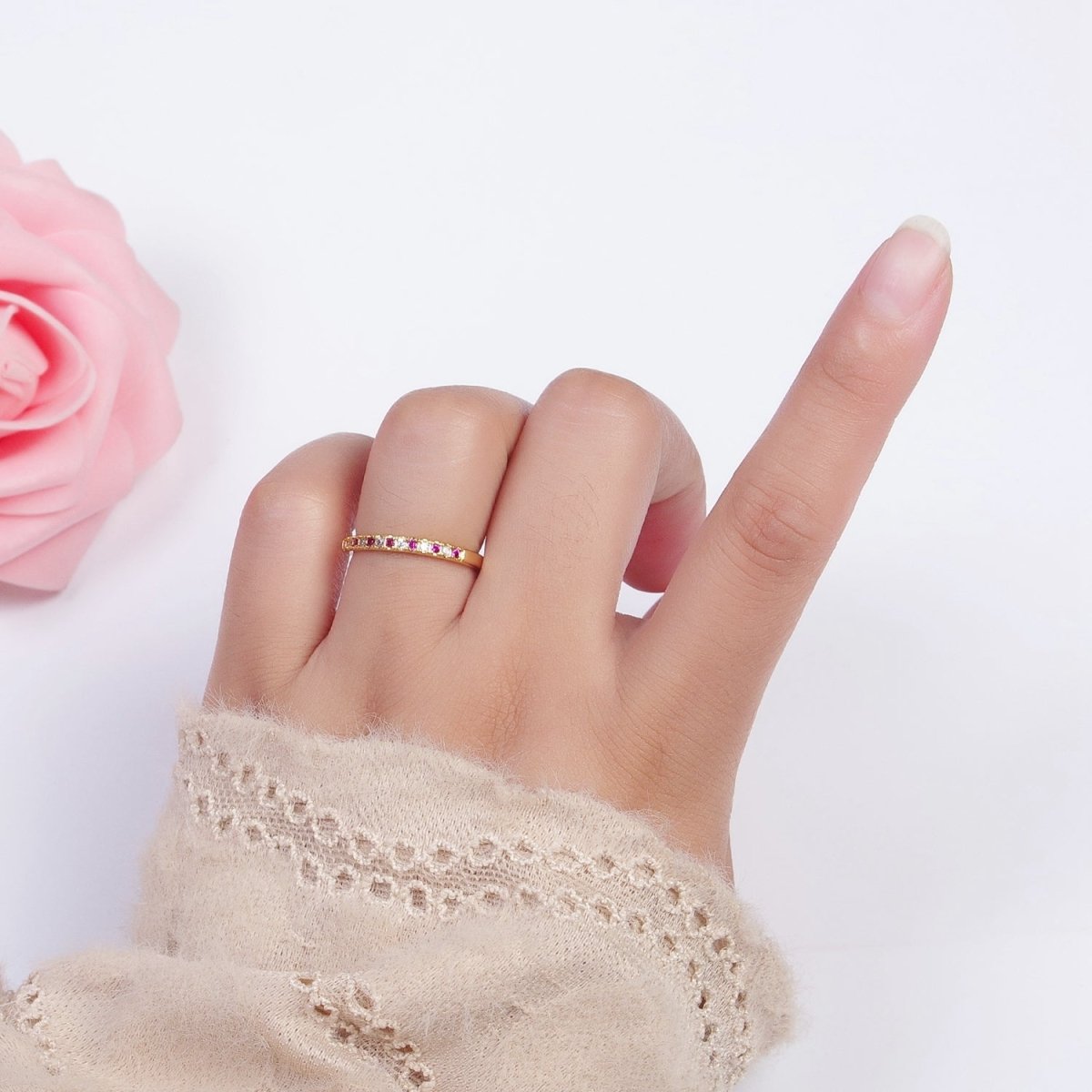 Minimalist Micro Paved Fuchsia &amp; Clear Cubic Zirconia Adjustable Stacking Ring | S-286