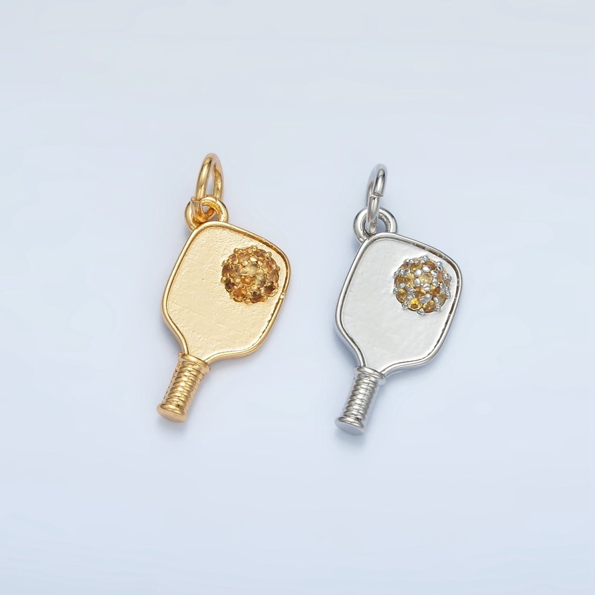 24K Gold Filled 16mm Micro Paved CZ Pickle Ball Paddle Sports Charm in Gold &amp; Silver | D620