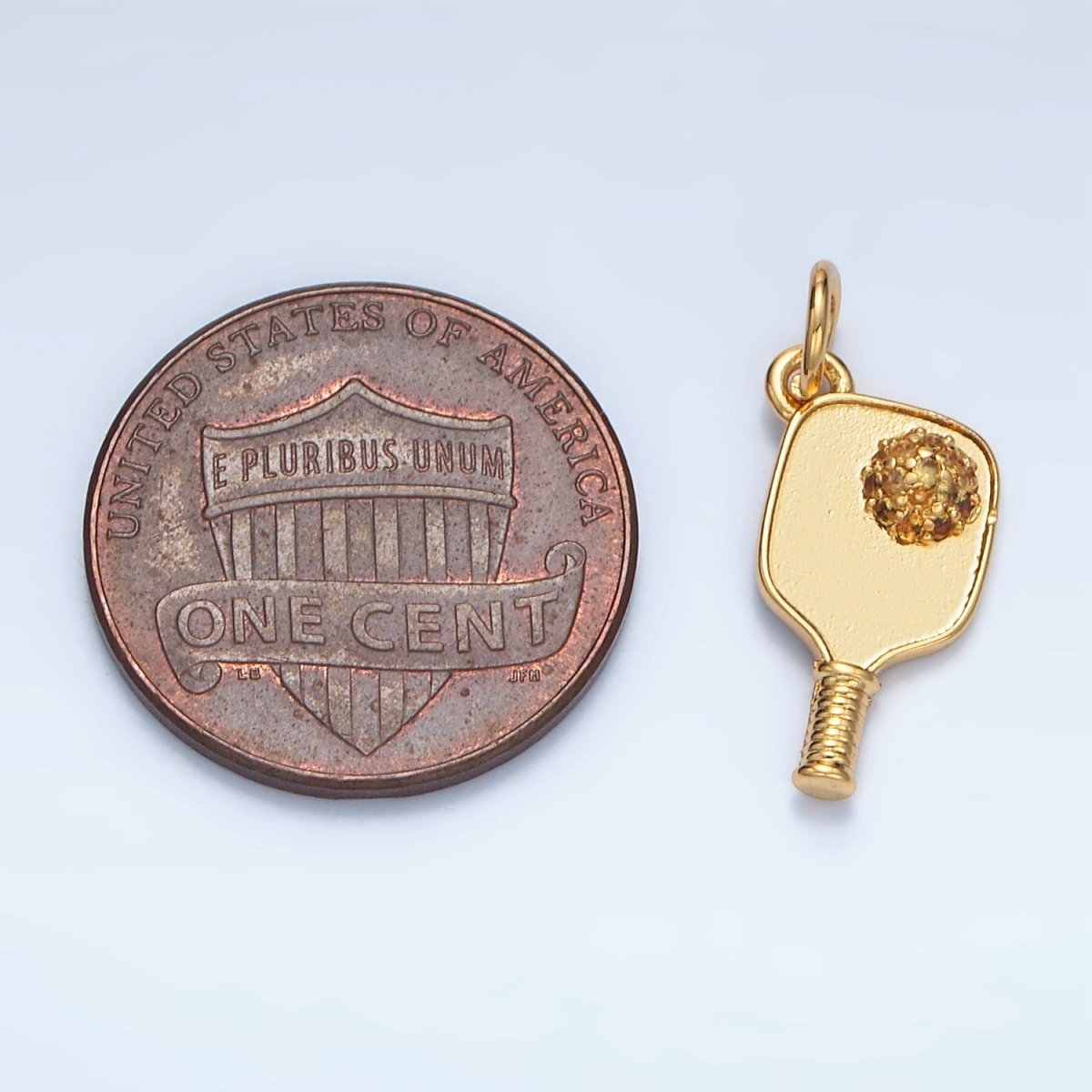 24K Gold Filled 16mm Micro Paved CZ Pickle Ball Paddle Sports Charm in Gold &amp; Silver | D620
