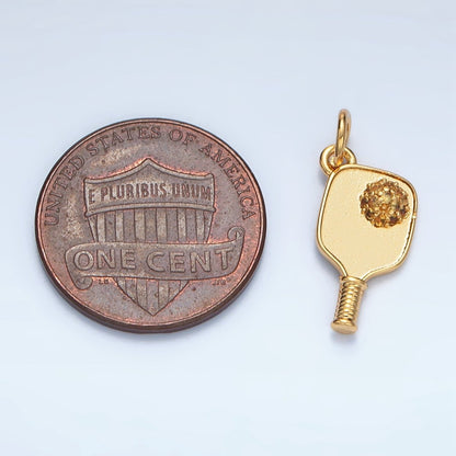 24K Gold Filled 16mm Micro Paved CZ Pickle Ball Paddle Sports Charm in Gold &amp; Silver | D620