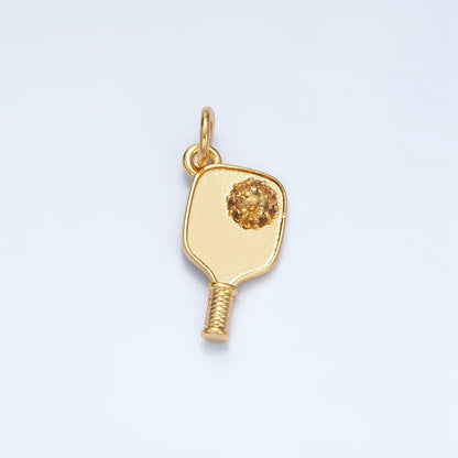 24K Gold Filled 16mm Micro Paved CZ Pickle Ball Paddle Sports Charm in Gold &amp; Silver | D620