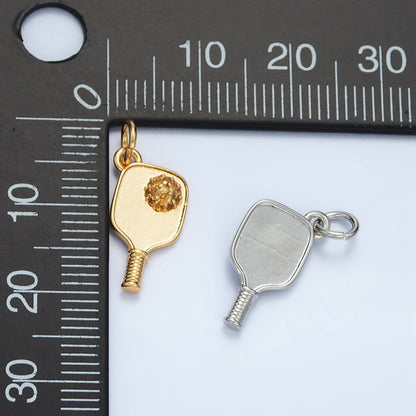 24K Gold Filled 16mm Micro Paved CZ Pickle Ball Paddle Sports Charm in Gold &amp; Silver | D620