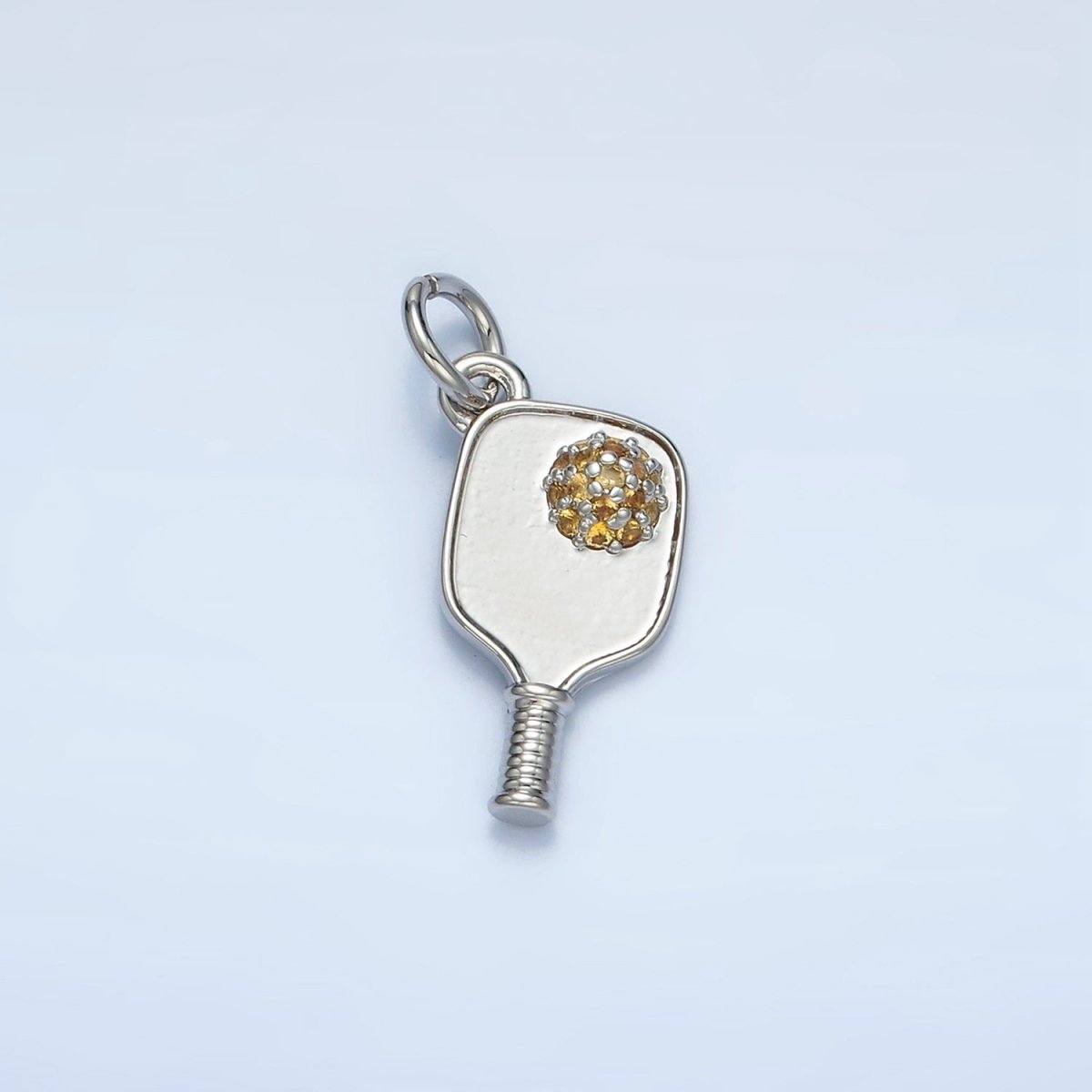24K Gold Filled 16mm Micro Paved CZ Pickle Ball Paddle Sports Charm in Gold &amp; Silver | D620