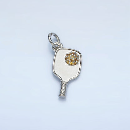 24K Gold Filled 16mm Micro Paved CZ Pickle Ball Paddle Sports Charm in Gold &amp; Silver | D620