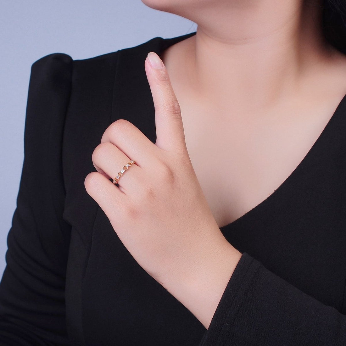 Minimalist Rolo Chain Link &amp; Clear Baguette Cubic Zirconia Gold Adjustable Ring R-510