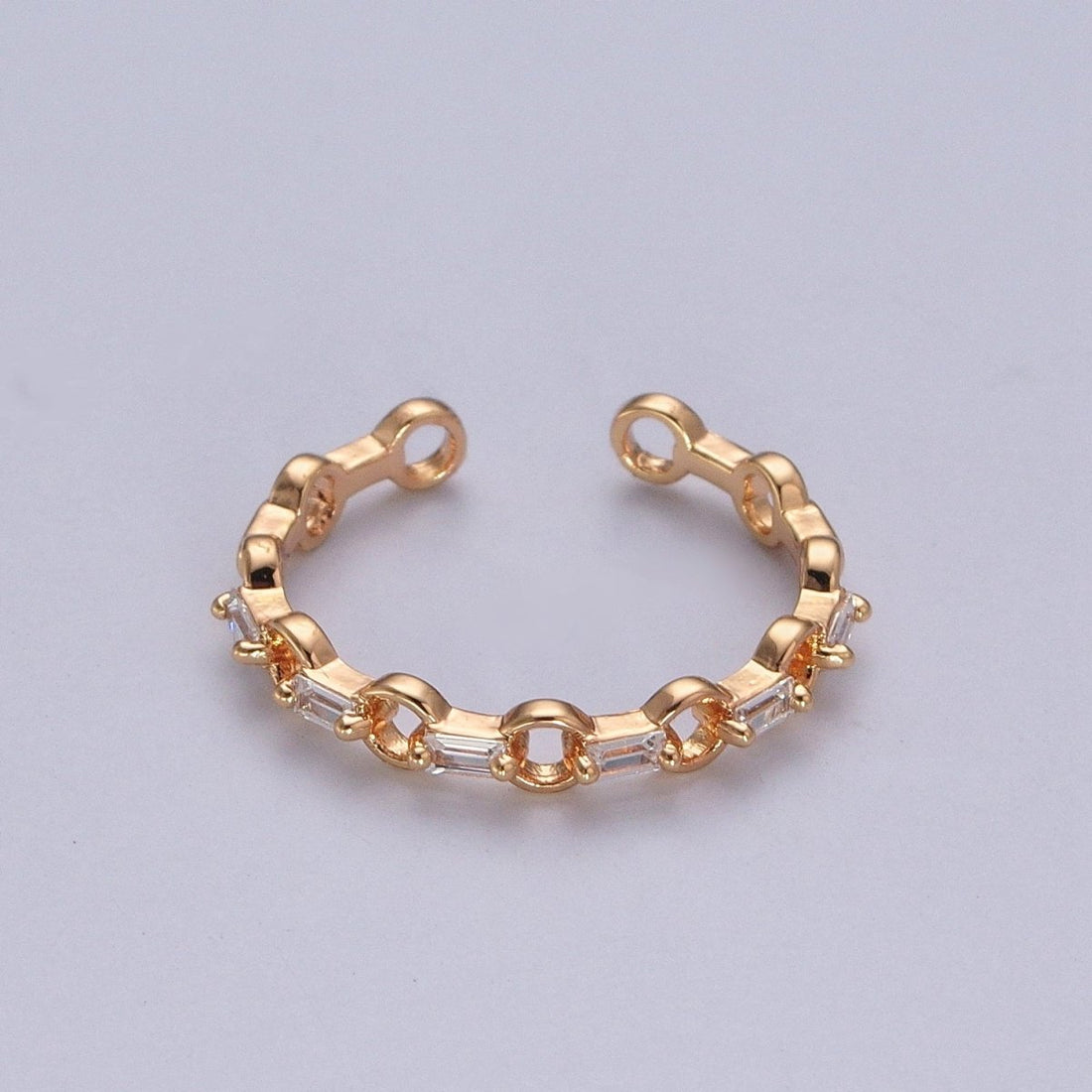 Minimalist Rolo Chain Link &amp; Clear Baguette Cubic Zirconia Gold Adjustable Ring R-510