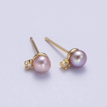 Minimalist Round Purple Shell Pearl Cubic Zirconia Gold Stud Earrings, Gift For Her | AD-040