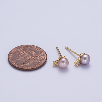 Minimalist Round Purple Shell Pearl Cubic Zirconia Gold Stud Earrings, Gift For Her | AD-040