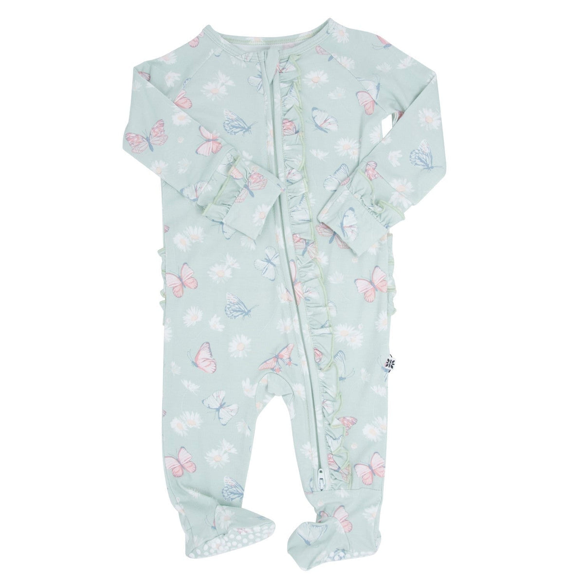 Mint Butterfly Daisy Bamboo Ruffle Baby Footie