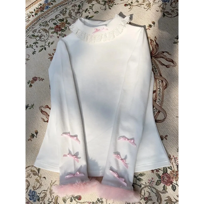 White Lace Trim Top – Pink Bow &amp; Fuzzy Cuff Harajuku Blouse