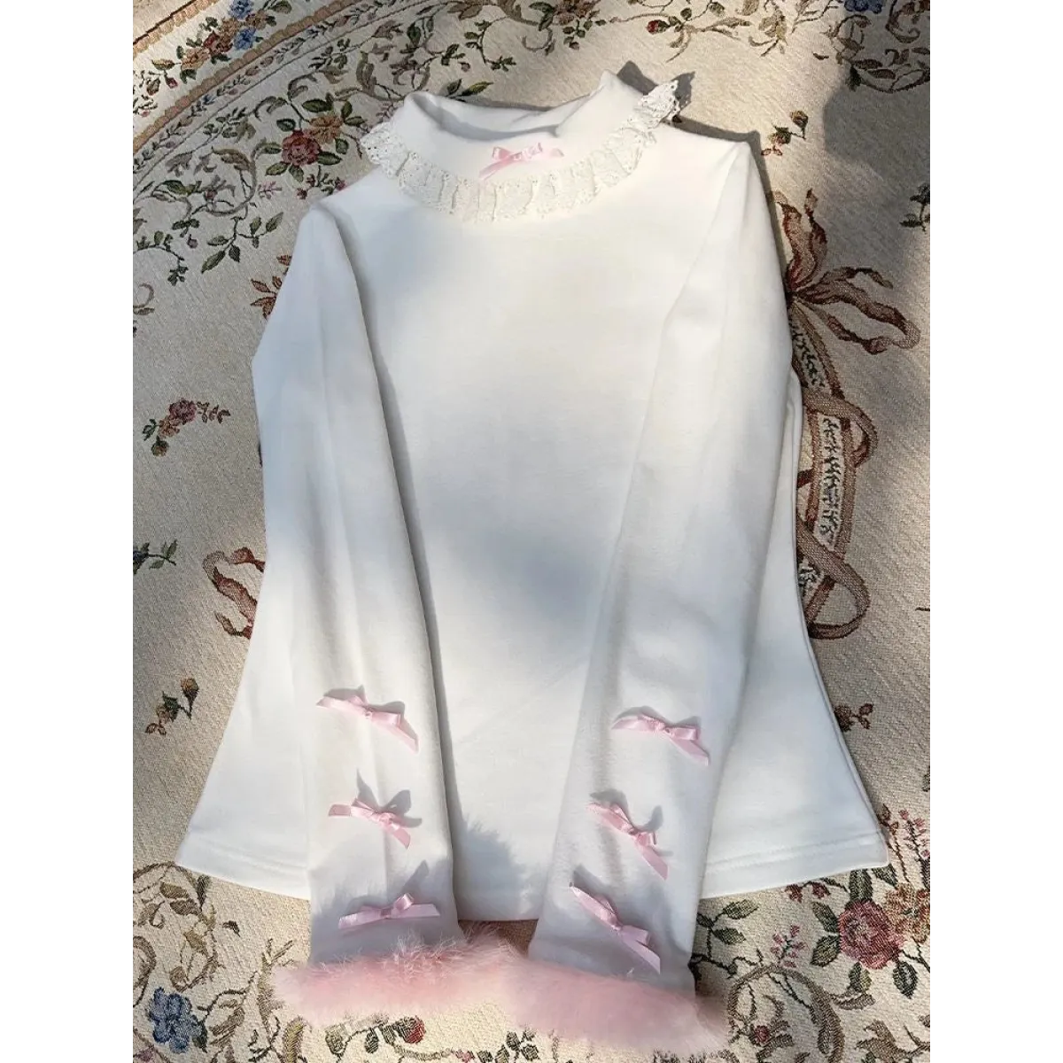 White Lace Trim Top – Pink Bow &amp; Fuzzy Cuff Harajuku Blouse