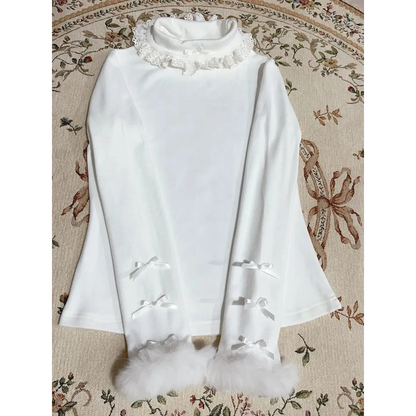 White Lace Trim Top – Pink Bow &amp; Fuzzy Cuff Harajuku Blouse