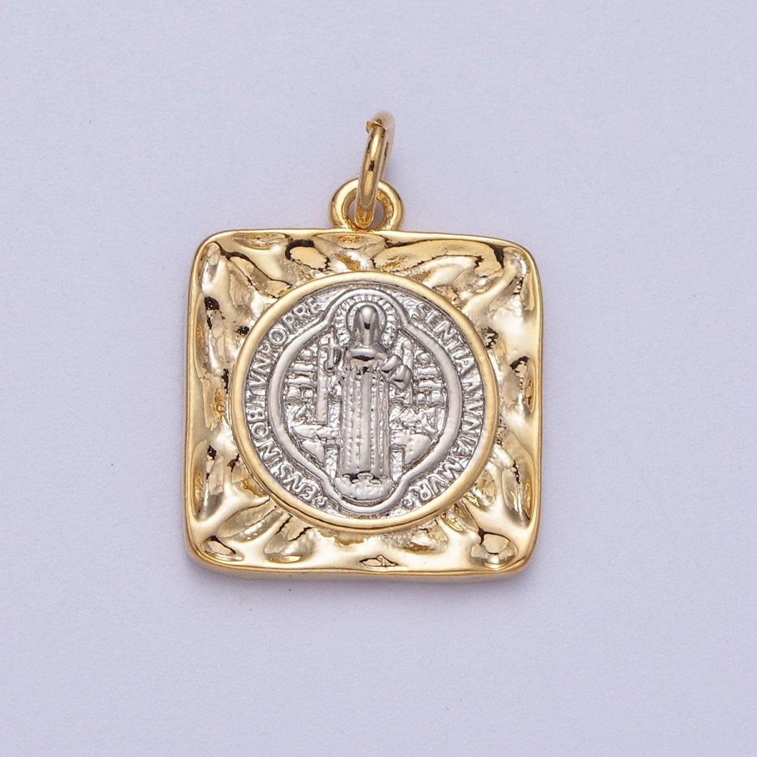 Mixed Metal Double Sided Saint Benedict SMQLIVB PAX VRSNSMV Hammered Square Charm | AC025