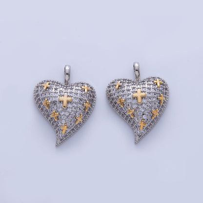 Mixed Metal Micro Paved CZ Cross Heart Chubby Pendant | AH718