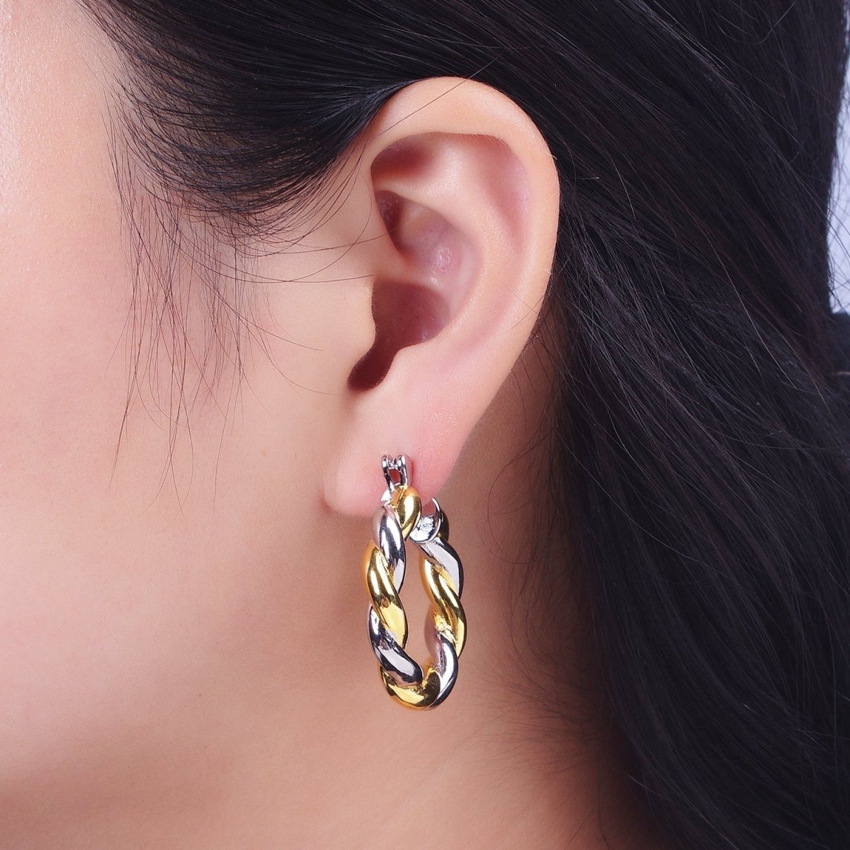 Mixed Metal Silver &amp; Gold Twisted Chunky Two Tone Croissant Hoops Statement Earrings Gift For Her | AE-1084 AE-1085 AE-1086