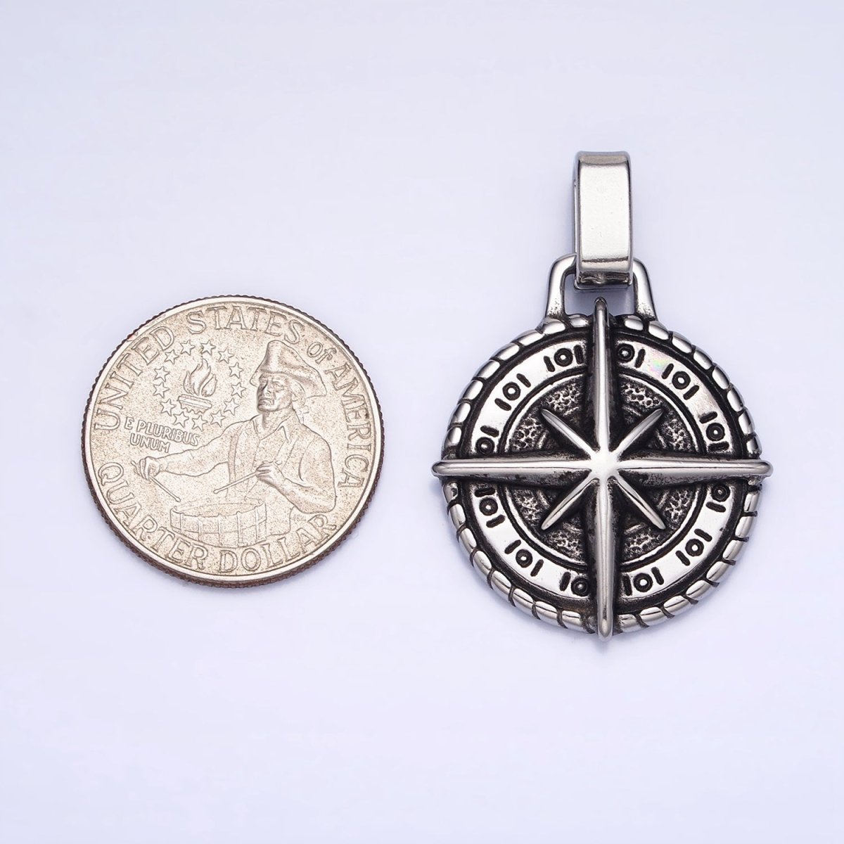 Mixed Metal, Silver Stainless Steel North Star Compass Round Pendant | P-1091 P-1092