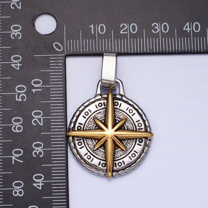 Mixed Metal, Silver Stainless Steel North Star Compass Round Pendant | P-1091 P-1092
