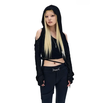 Modern Mystic Hooded Top – Edgy Cutout Sleeves Pullover