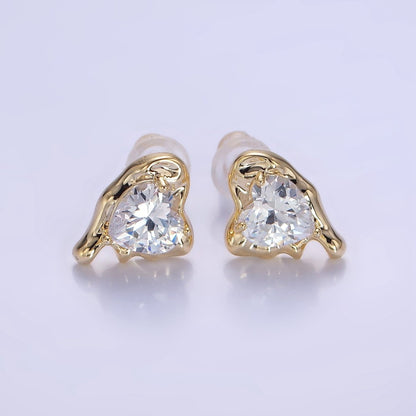 Molten Heart CZ Stud Earrings in Gold &amp; Silver | V506 V507
