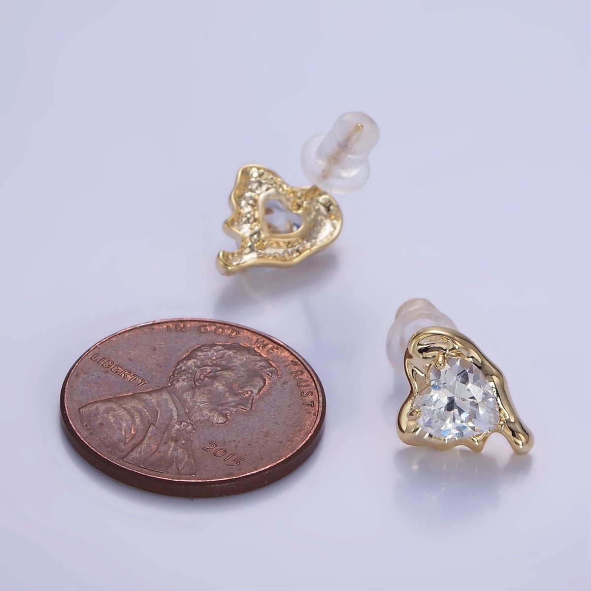 Molten Heart CZ Stud Earrings in Gold &amp; Silver | V506 V507